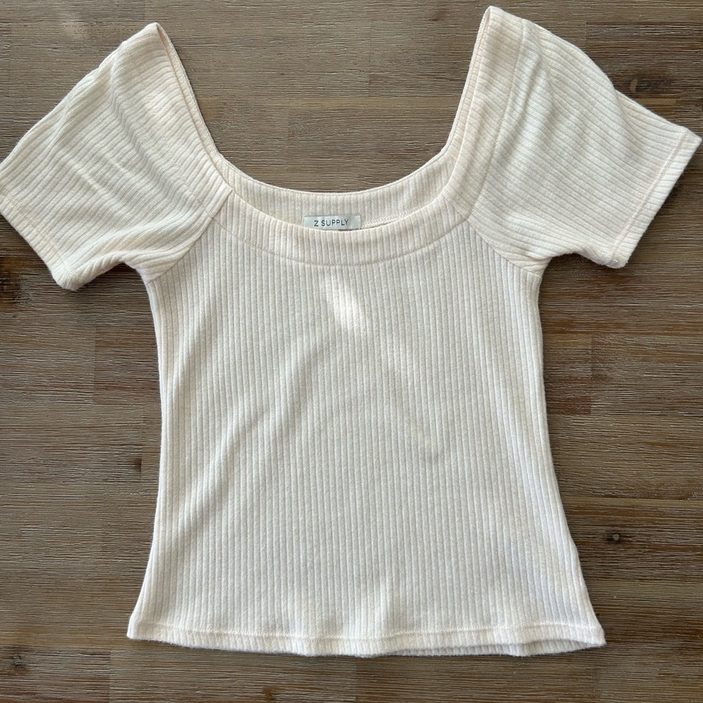 Z Supply Cream Ribbed Short Sleeve Top
